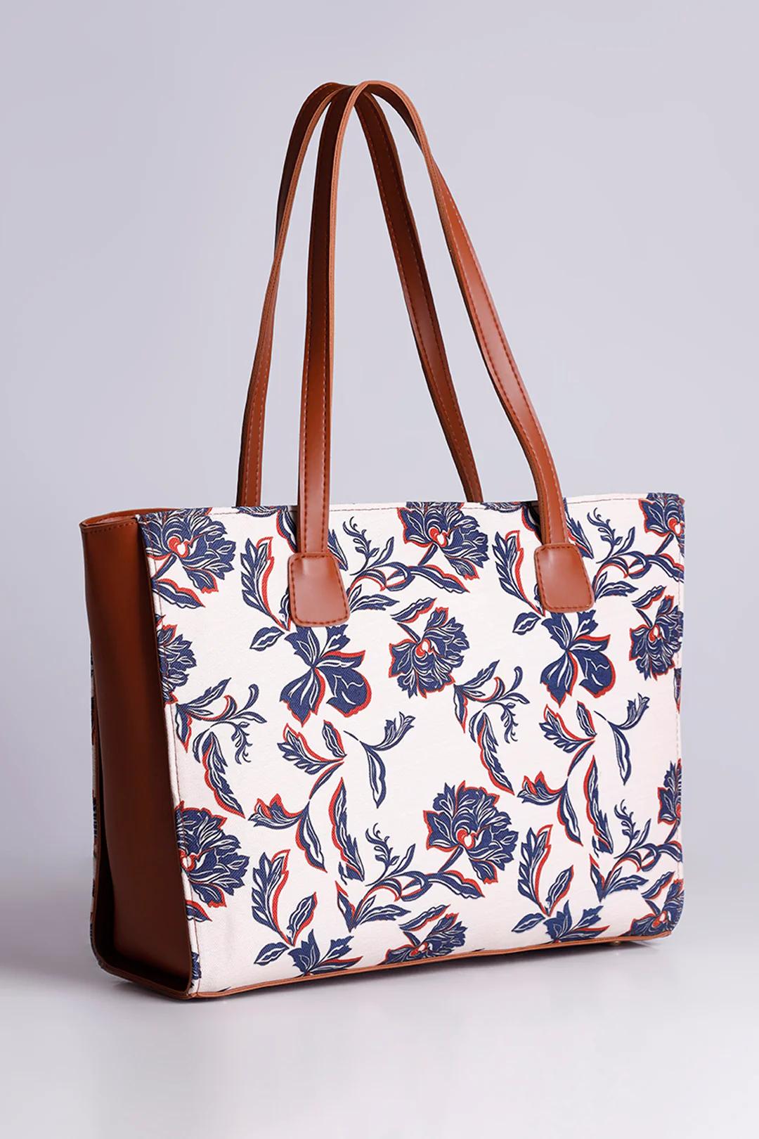 Floral Canvas Tote with Brown Leather Straps