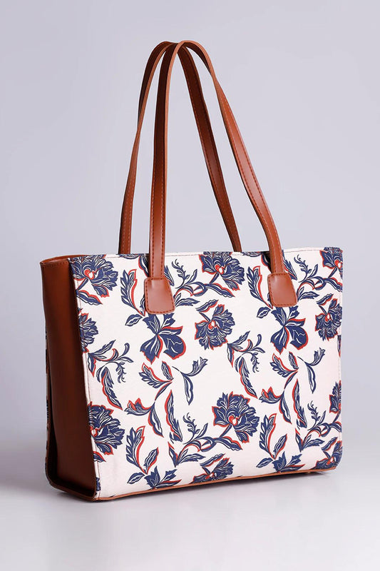 Floral Canvas Tote with Brown Leather Straps