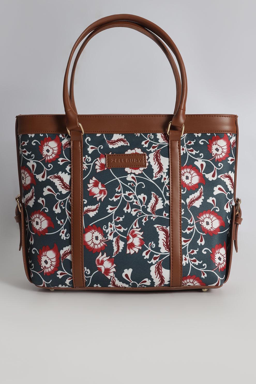 Floral Canvas Tote with Brown Leather Straps