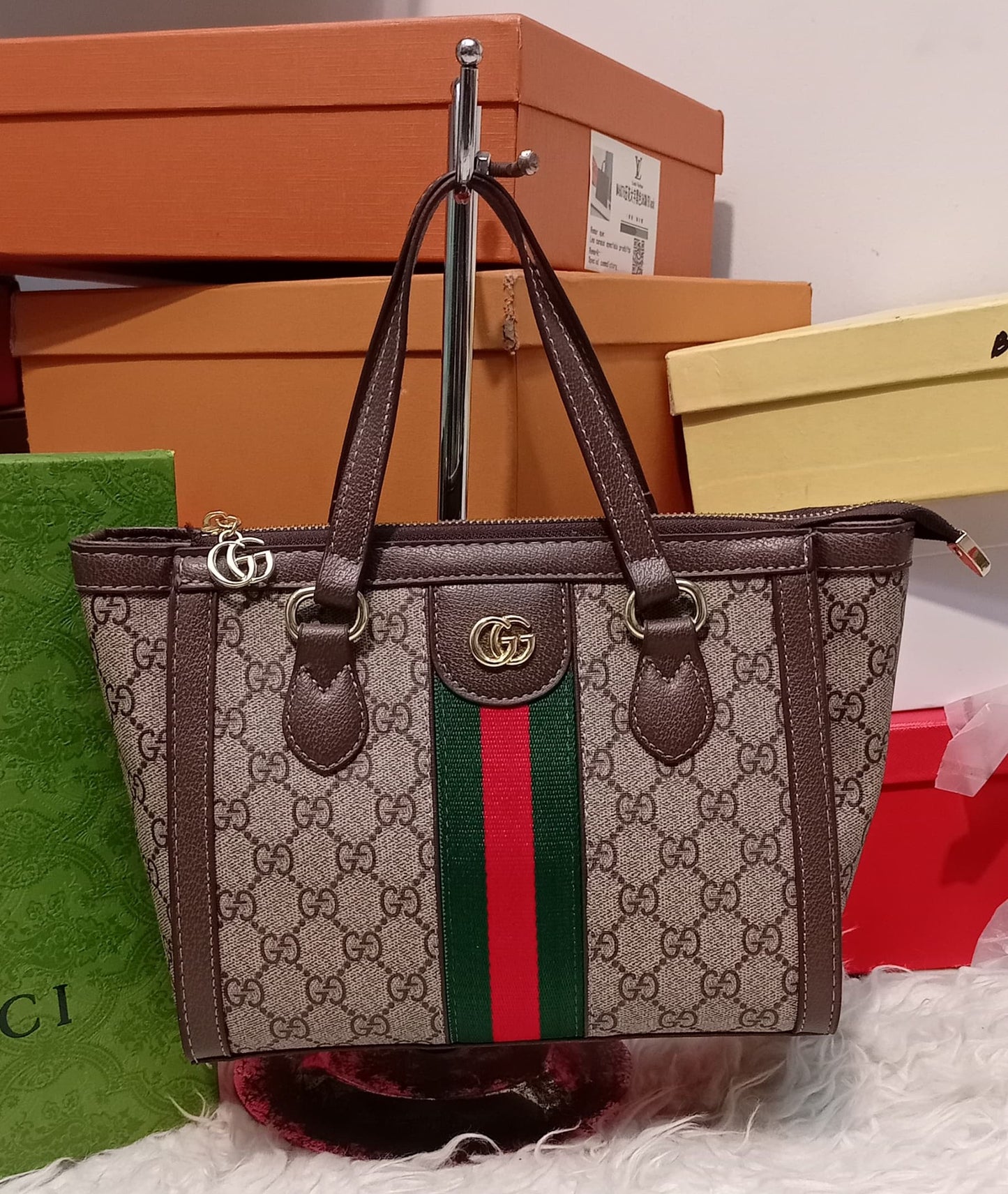 Gucci Monogram Stripe Tote Handbag – Brown - Shaszelle Collection
