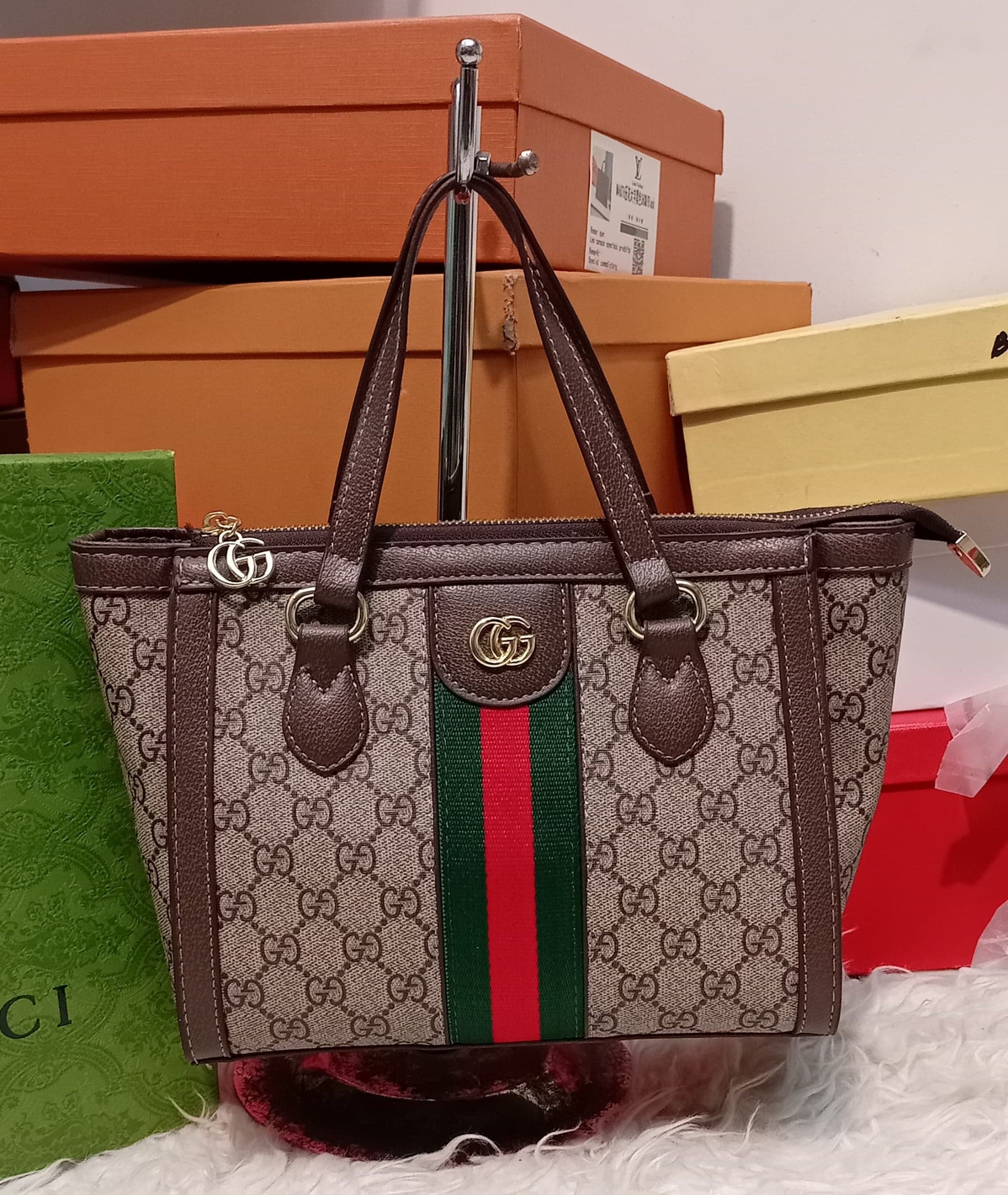 Gucci Monogram Stripe Tote Handbag – Brown - Shaszelle Collection