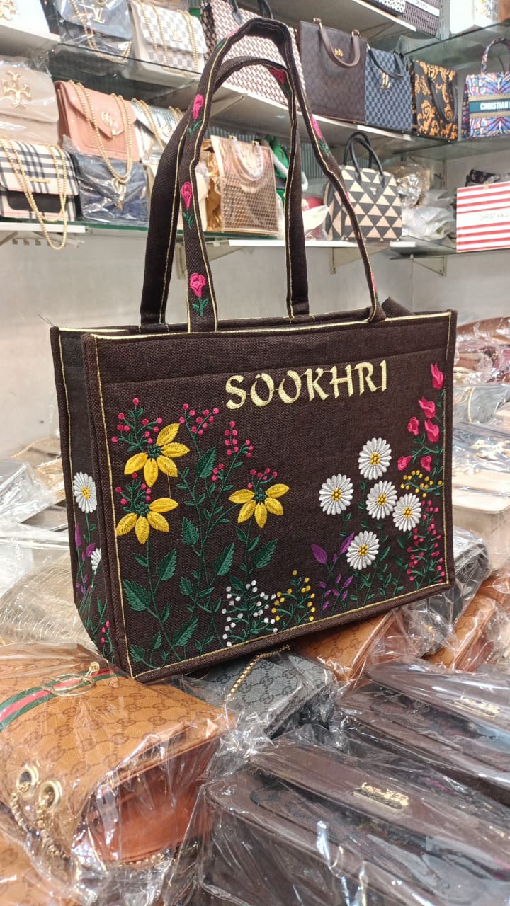 SOOKHRI Embroidered Floral Jute Tote Bag