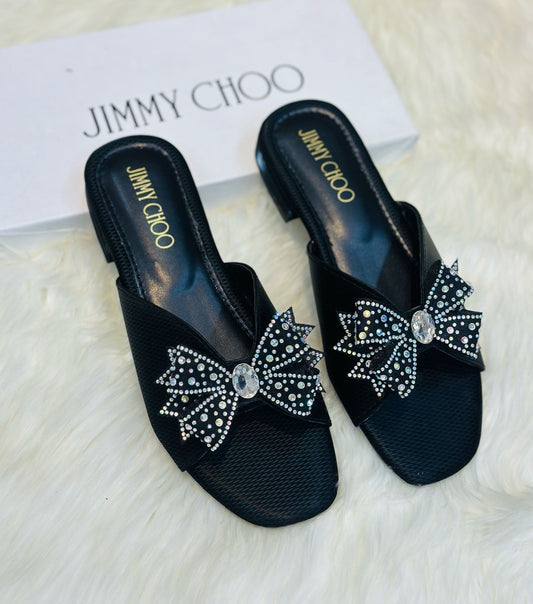 Jimmy Choo Black Crystal Bow Slide Sandals