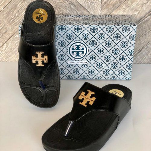 Tory Burch Tan & Black Logo Comfort Slides