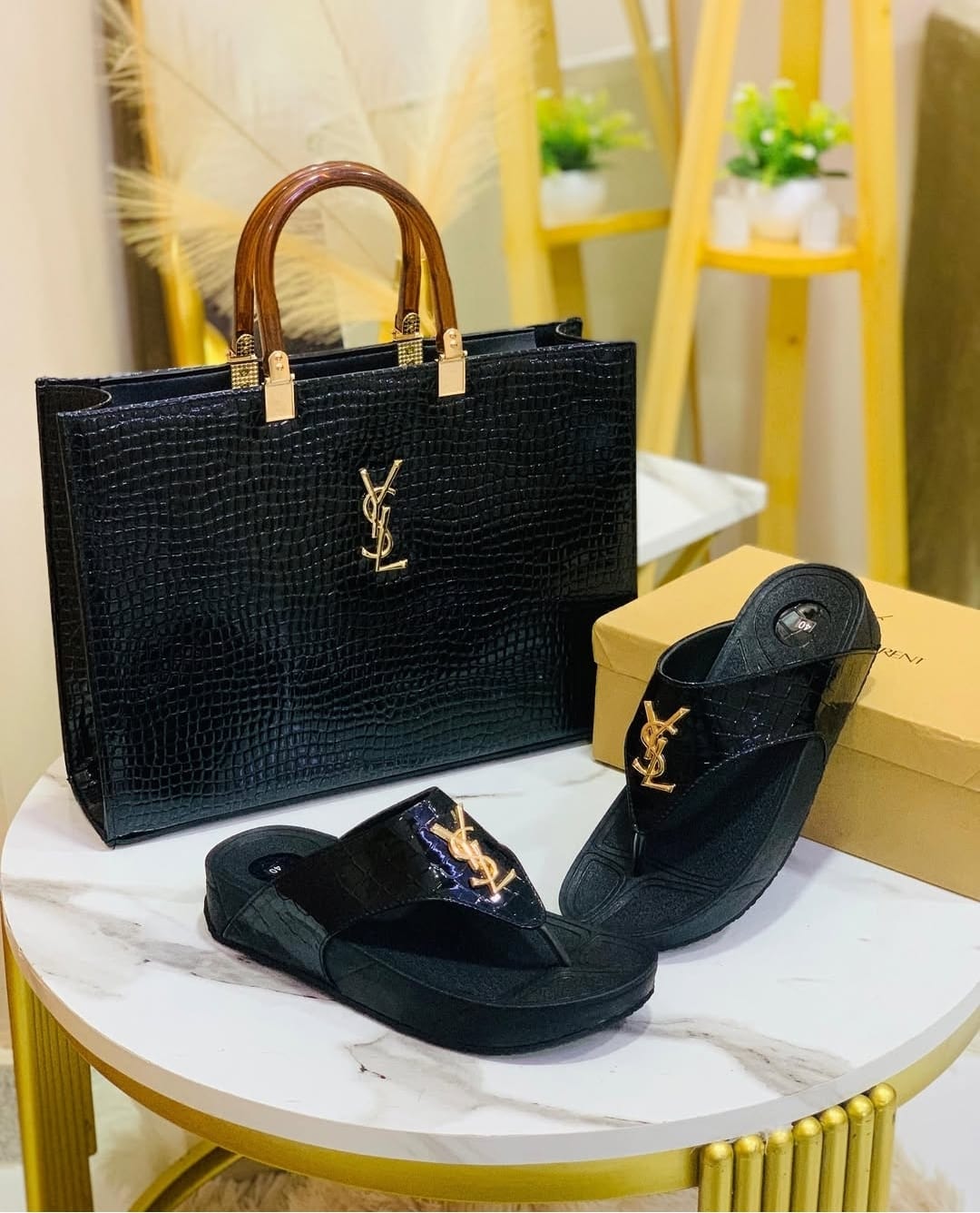 Elegant Black YSL Handbag & Slide Combo 🖤