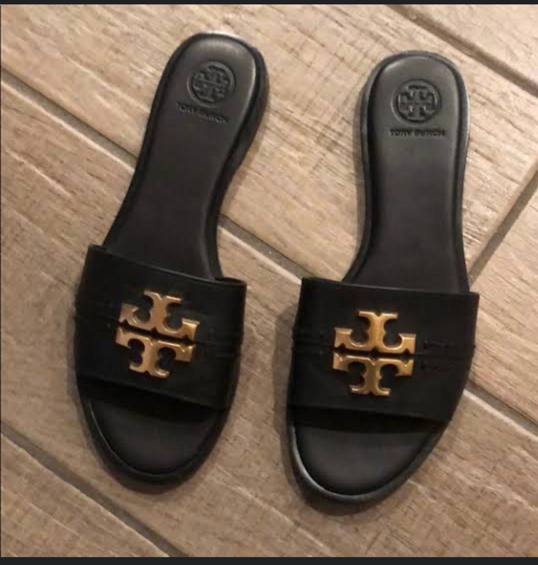 Tory Burch-Inspired Gold Emblem Slide Sandals