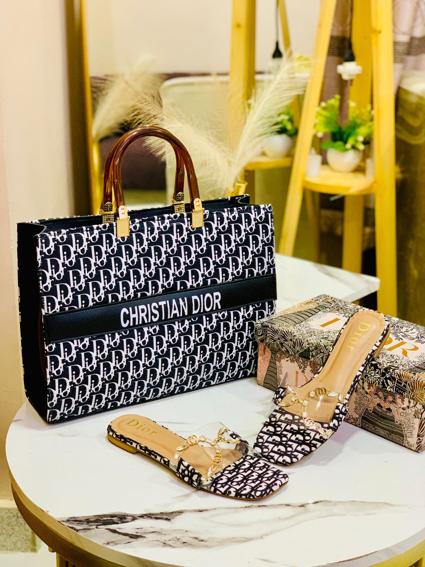 Luxury Monogram Tote & Matching Flats – Black & White