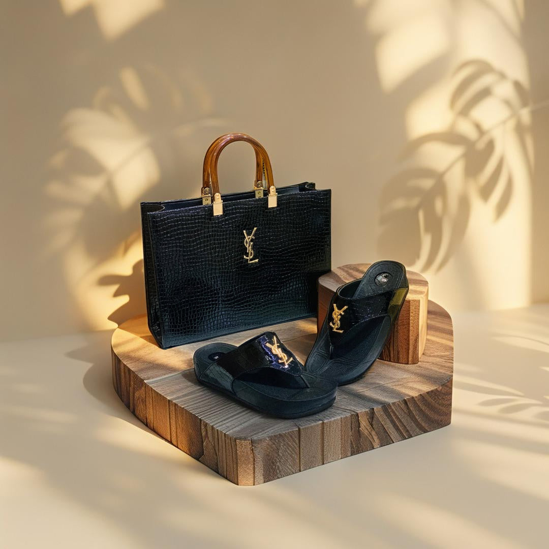 Elegant Black YSL Handbag & Slide Combo 🖤