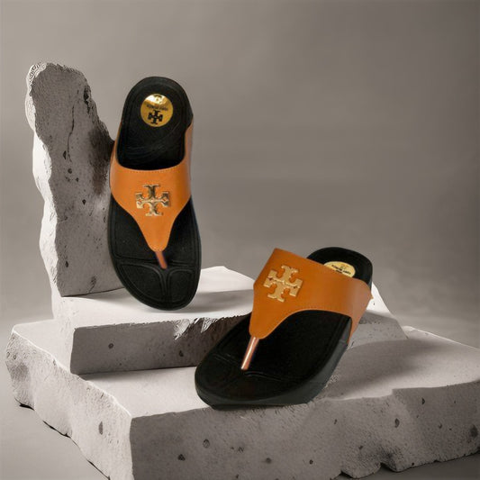 Tory Burch Tan & Black Logo Comfort Slides