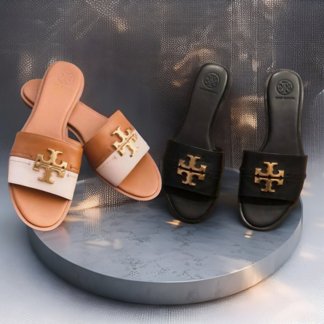 Tory Burch-Inspired Gold Emblem Slide Sandals