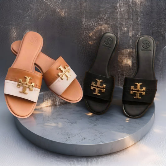 Tory Burch-Inspired Gold Emblem Slide Sandals
