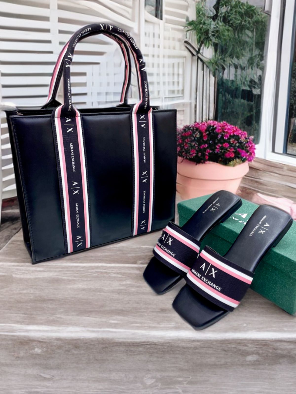 Armani Exchange Matching Tote & Sliders Set