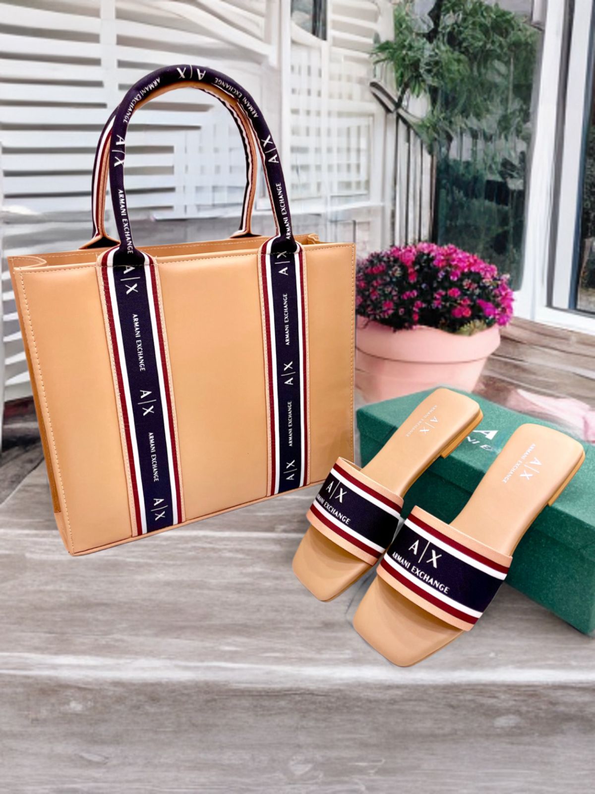 Armani Exchange Matching Tote & Sliders Set