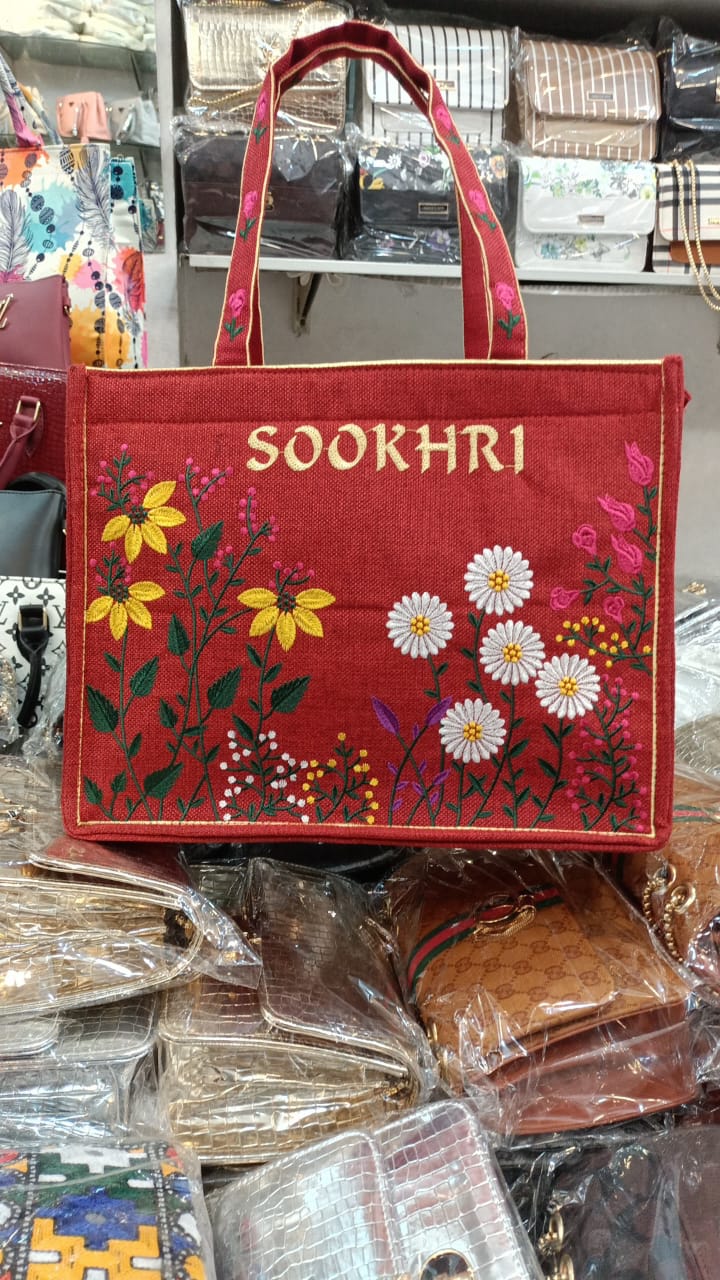 SOOKHRI Embroidered Floral Jute Tote Bag