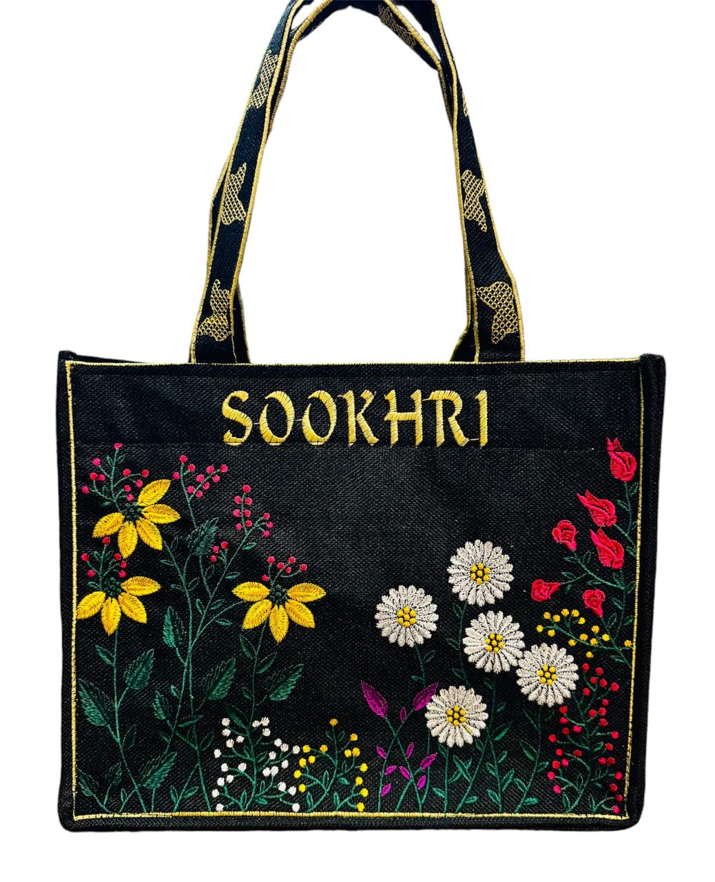 SOOKHRI Embroidered Floral Jute Tote Bag