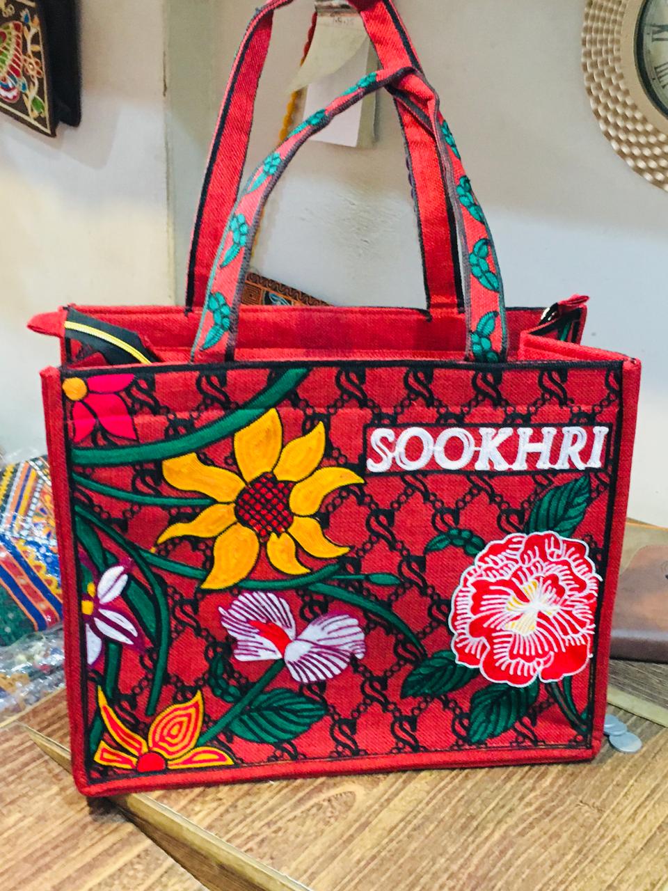 SOOKHRI Embroidered Floral Jute Tote Bag