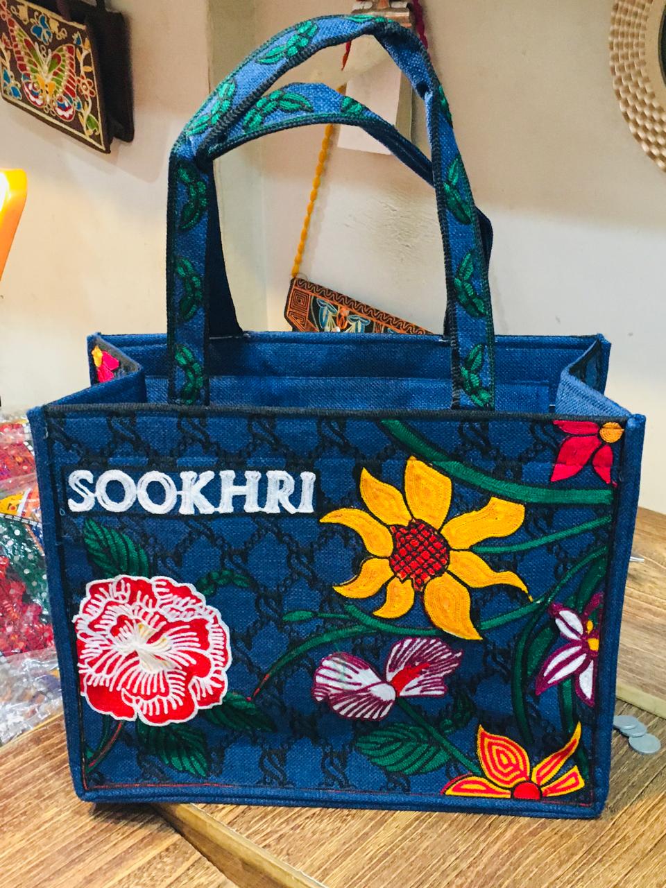SOOKHRI Embroidered Floral Jute Tote Bag