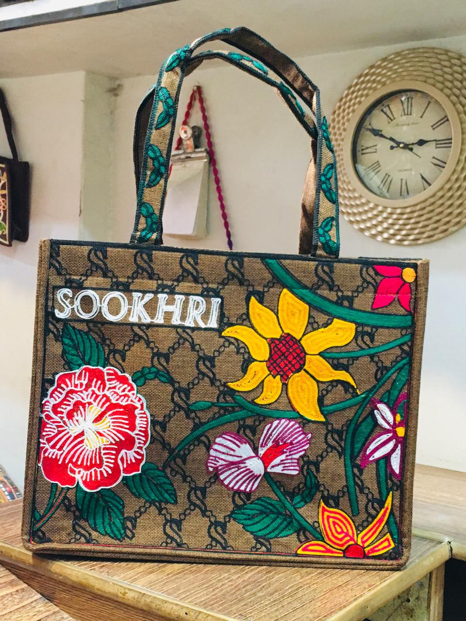 SOOKHRI Embroidered Floral Jute Tote Bag