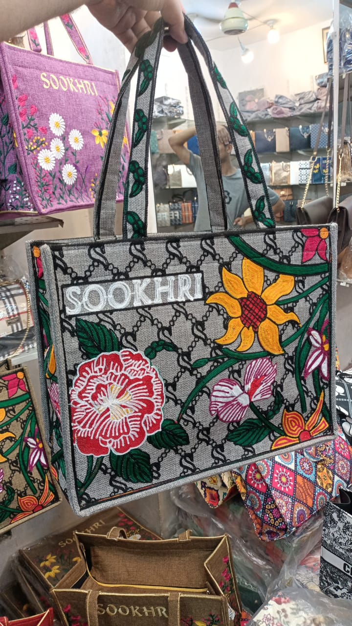 SOOKHRI Embroidered Floral Jute Tote Bag