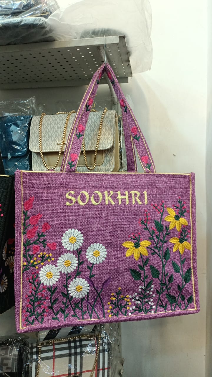 SOOKHRI Embroidered Floral Jute Tote Bag
