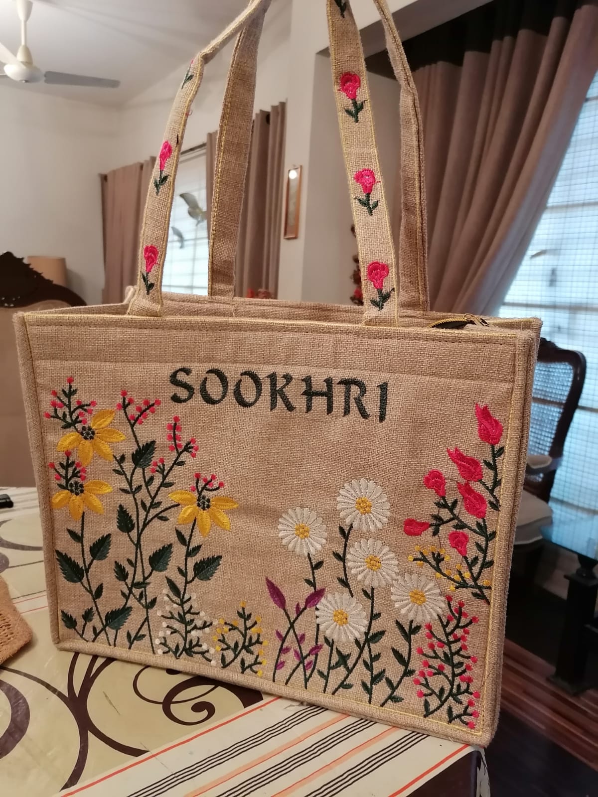 SOOKHRI Embroidered Floral Jute Tote Bag - Shaszelle Collection