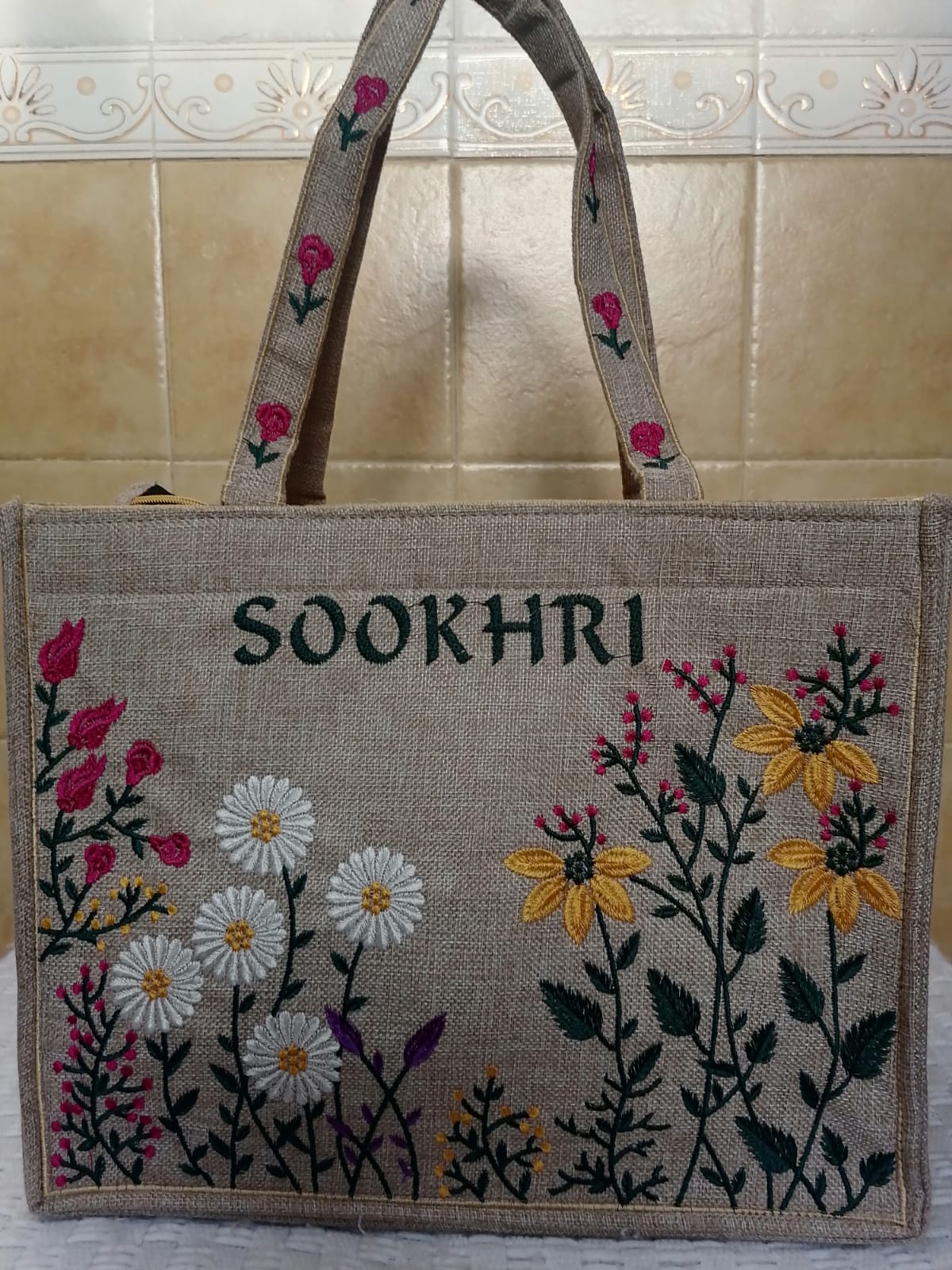 SOOKHRI Embroidered Floral Jute Tote Bag - Shaszelle Collection