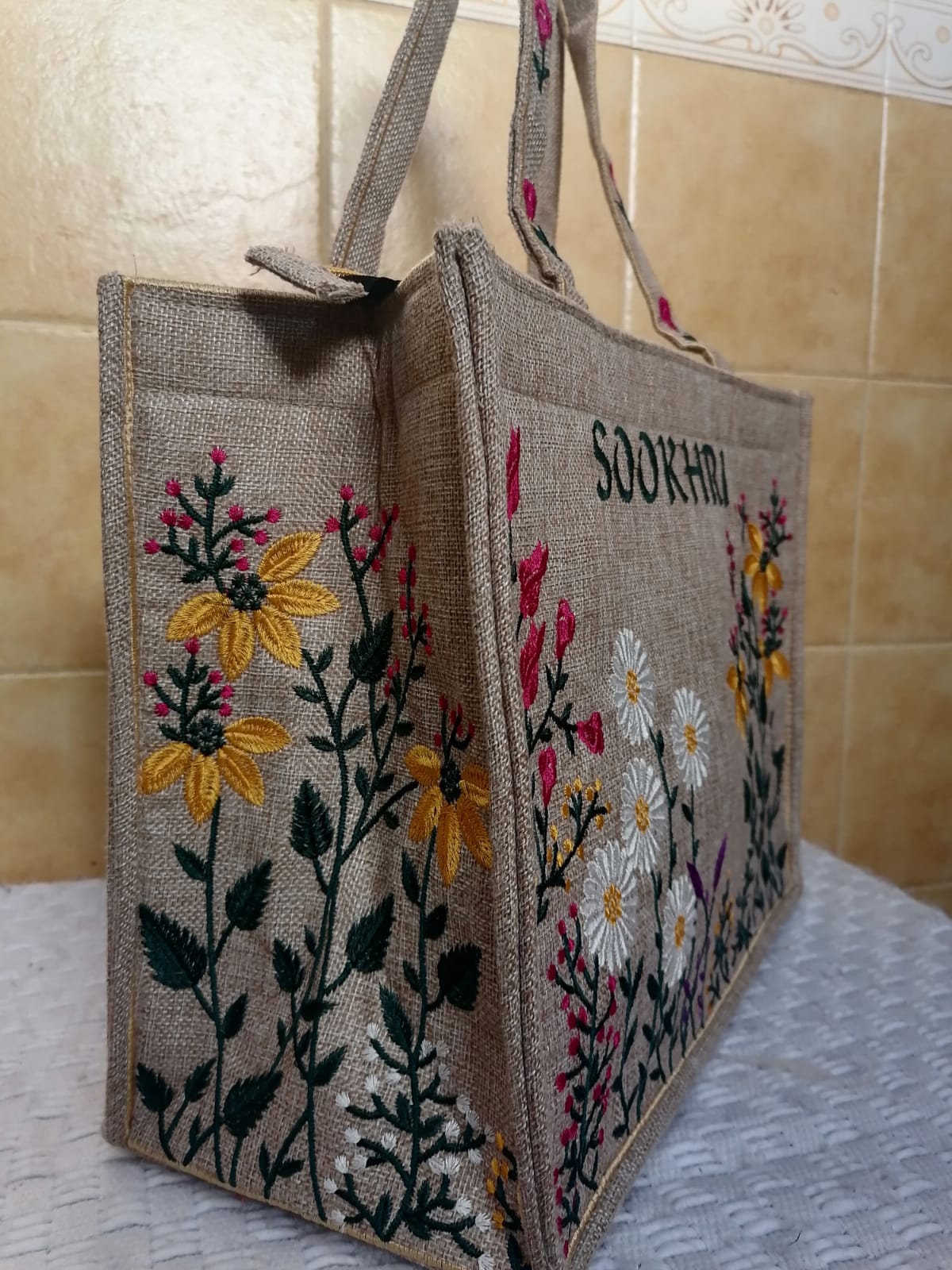SOOKHRI Embroidered Floral Jute Tote Bag - Shaszelle Collection