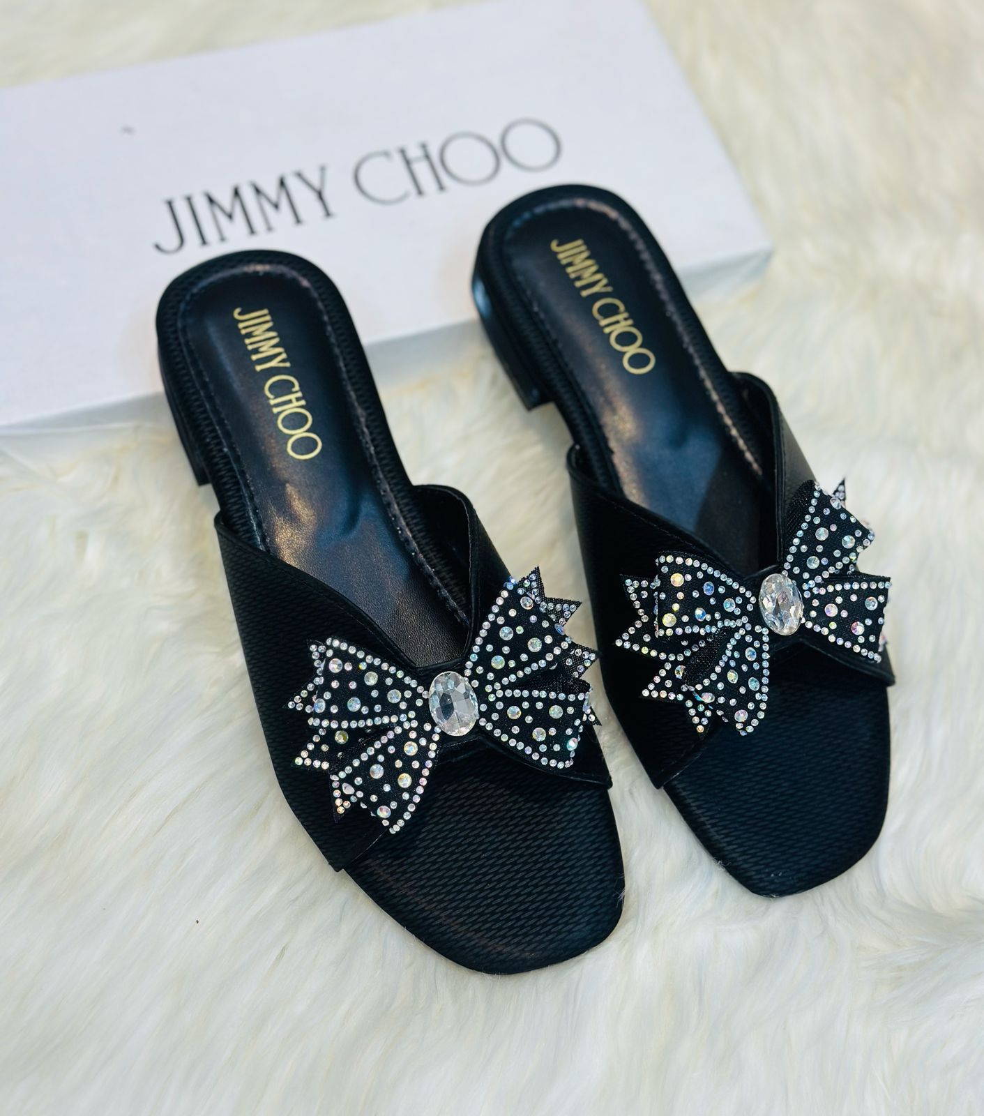 Jimmy Choo Black Crystal Bow Slide Sandals