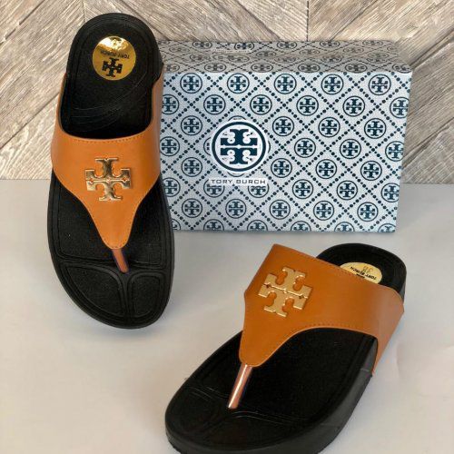Tory Burch Tan & Black Logo Comfort Slides