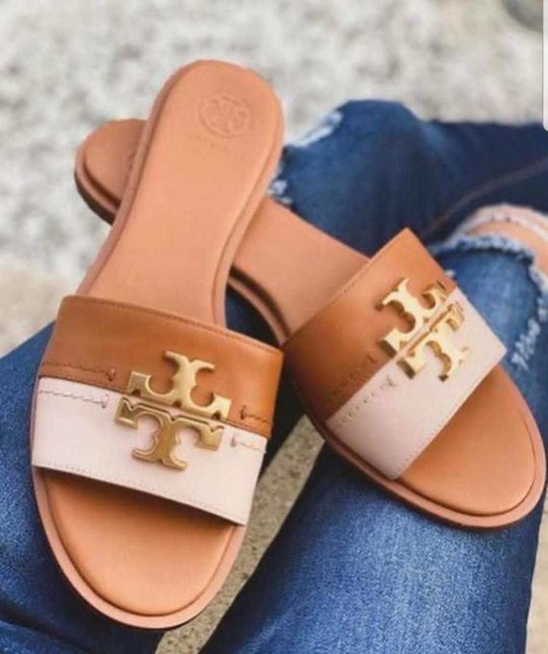 Tory Burch-Inspired Gold Emblem Slide Sandals
