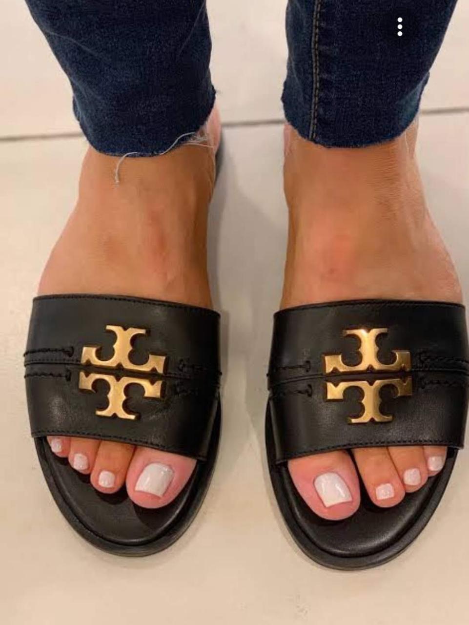 Tory Burch-Inspired Gold Emblem Slide Sandals